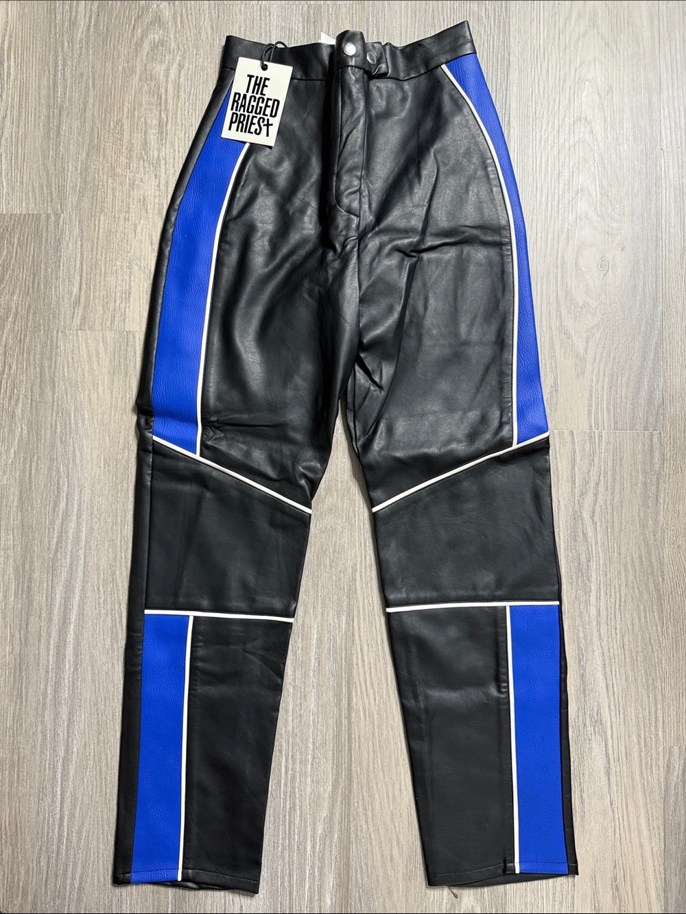 The Ragged Priest Black Faux Leather Skinny Pants with Blue and White Panels
